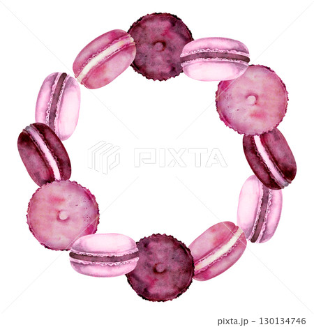 Circle of macarons, sandwich souffle cakes, whoopie pies with cream mousse filling. Isolated hand painted watercolor wreath illustration. Kitchen label borders, food frame sets, and sweet packaging. 130134746