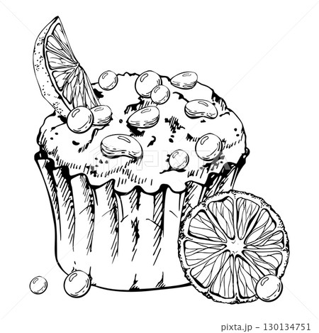 Muffin in paper cup, orange cupcake with citrus wedge garnish, sugar dragees, candy bonbon topping, hand drawn in vector ink. Isolated dessert illustration. Patisserie branding, food journal layouts Muffin in paper cup, orange cupcake with citrus wedge garnish, sugar dragees, candy bonbon topping, hand drawn in vector ink. Isolated dessert illustration. Patisserie branding, food journal layouts 130134751