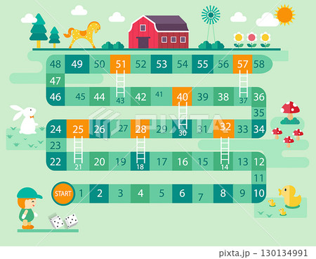 World tour board game template,Funny frame, ladders game,Farm, Vector illustrations. 130134991