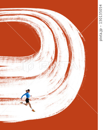 Contemporary composition. Female runner sprinting on white paint track with determination Contemporary composition. Female runner sprinting on white paint track with determination 130135054