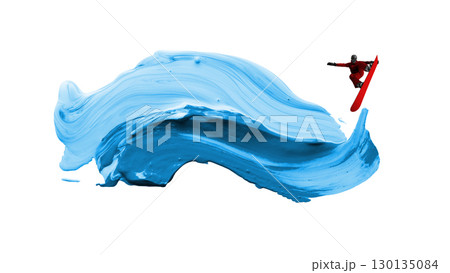 Creative artwork. Snowboarder jumping on abstract wave of blue paint with energy Creative artwork. Snowboarder jumping on abstract wave of blue paint with energy 130135084