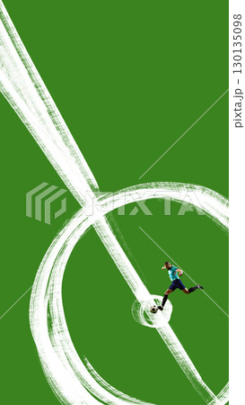 Contemporary collage. Soccer player in motion striking ball on abstract green paint stroke field. 130135098