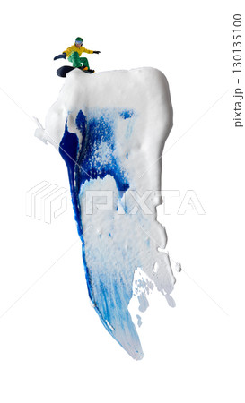 Graphic composition. Snowboarder performing extreme ride on textured icy blue paint stroke wave. Graphic composition. Snowboarder performing extreme ride on textured icy blue paint stroke wave. 130135100