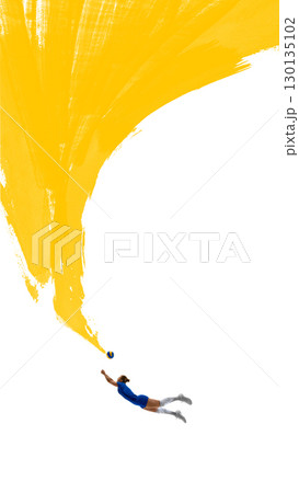Collage template of volleyball player diving for ball with yellow paint stroke motion 130135102
