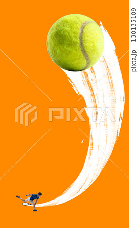 Colorful poster. Tennis player serving giant ball on orange background with dramatic motion 130135109