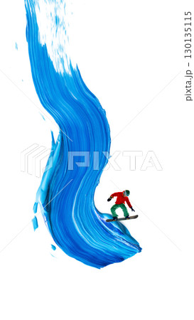 Colorful collage. Snowboarder on blue paint stroke wave symbolizing extreme freedom Colorful collage. Snowboarder on blue paint stroke wave symbolizing extreme freedom 130135115