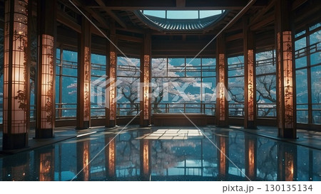 ゲーム背景　キラキラホールから見える桜と反射する床 130135134