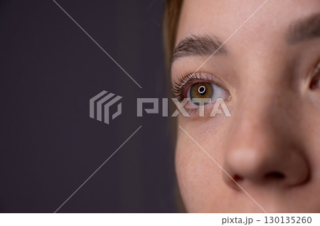 Close-up portrait of a woman after eyelash lamination procedure. Close-up portrait of a woman after eyelash lamination procedure. 130135260