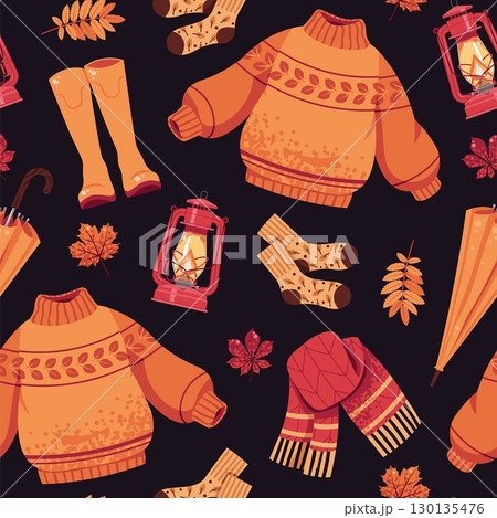 Cozy Autumn Essentials Seamless Pattern Flat Vector. Texture with Sweater, Umbrella, Scarf, Boots, Lamp. Repeat Background for Wallpaper, Textile, Wrapping Paper. Warm Fall Ambience Style Cozy Autumn Essentials Seamless Pattern Flat Vector. Texture with Sweater, Umbrella, Scarf, Boots, Lamp. Repeat Background for Wallpaper, Textile, Wrapping Paper. Warm Fall Ambience Style 130135476