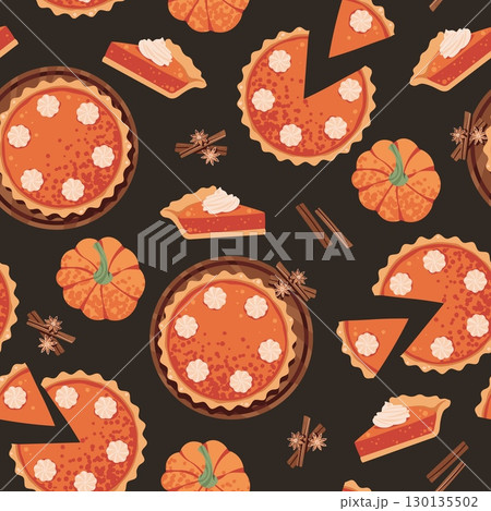 Pumpkin Pie Seamless Pattern Flat Vector. Thanksgiving, Harvest Festival. Repeat Background with American Dessert for Wallpaper, Textile Design, Wrapping Paper, Seasonal Branding. Autumn Theme Endless Pumpkin Pie Seamless Pattern Flat Vector. Thanksgiving, Harvest Festival. Repeat Background with American Dessert for Wallpaper, Textile Design, Wrapping Paper, Seasonal Branding. Autumn Theme Endless 130135502