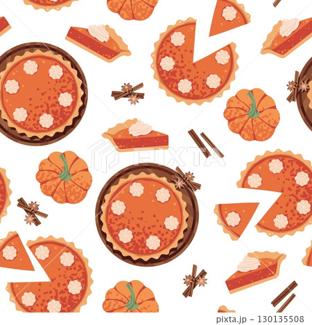 Pumpkin Pie Seamless Pattern Flat Vector. Thanksgiving, Harvest Festival. Repeat Background with American Dessert for Wallpaper, Textile Design, Wrapping Paper, Seasonal Branding. Autumn Theme Endless 130135508