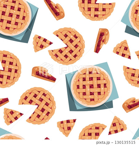 Berry Pie Seamless Pattern Flat Vector. Thanksgiving, Harvest Festival. Repeat Background with Cherry Dessert for Wallpaper, Textile Design, Wrapping Paper, Seasonal Branding. Autumn Theme Berry Pie Seamless Pattern Flat Vector. Thanksgiving, Harvest Festival. Repeat Background with Cherry Dessert for Wallpaper, Textile Design, Wrapping Paper, Seasonal Branding. Autumn Theme 130135515
