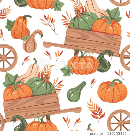 Pumpkins in Wooden Wheelbarrow Seamless Pattern Flat Vector. Harvest Festival and Thanksgiving Texture for Seasonal Branding, Autumn Decor. Repeat Background for Wallpaper, Textile, Wrapping Paper. 130135532