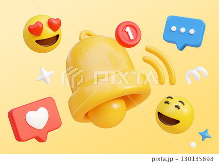Cartoon Style Bell with Social network Icons 3D graphic 130135698