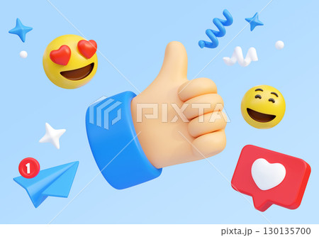 Cartoon Style Thumbs up with Social network Icons 3D graphic 130135700