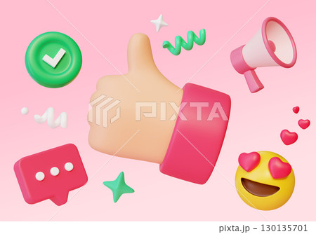Cartoon Style Thumbs up with Social network Icons 3D graphic 130135701