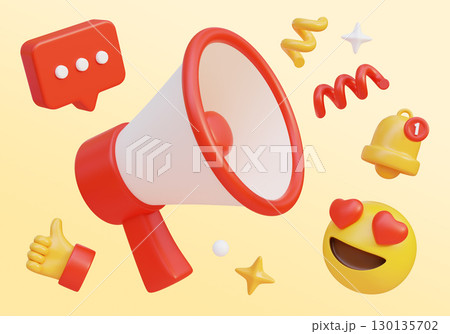 Cartoon Style megaphone with Social network Icons 3D graphic Cartoon Style megaphone with Social network Icons 3D graphic 130135702