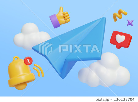 Cartoon Style paper airplane with Social network Icons 3D graphic 130135704