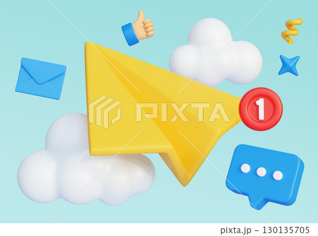 Cartoon Style paper airplane with Social network Icons 3D graphic 130135705