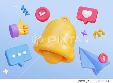 Cartoon Style Bell with Social network Icons 3D graphic 130135706