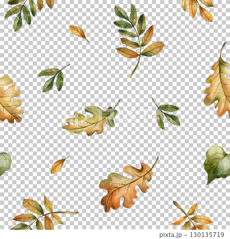 Oak Rowan Leaves Autumn forest gold foliage Watercolor hand painted floral seamless pattern on white background for fall design cozy prints cute home textile botanical wrapping paper wallpaper fabric 130135719