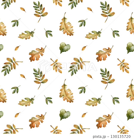 Oak Rowan Leaves Autumn forest gold foliage Watercolor hand painted floral seamless pattern on white background for fall design cozy prints cute home textile botanical wrapping paper wallpaper fabric Oak Rowan Leaves Autumn forest gold foliage Watercolor hand painted floral seamless pattern on white background for fall design cozy prints cute home textile botanical wrapping paper wallpaper fabric 130135720