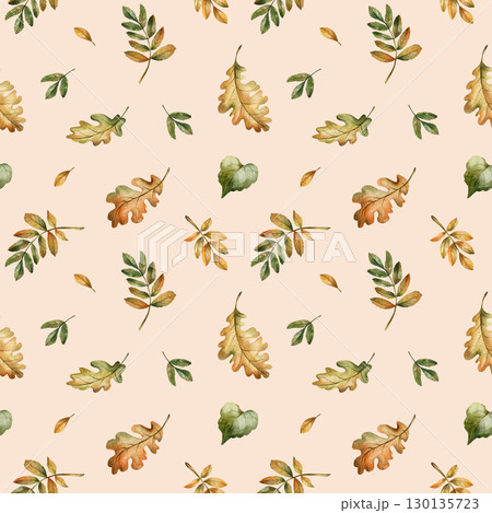 Oak Rowan Leaves Autumn forest gold foliage Watercolor hand painted floral seamless pattern on beige pink background for fall design cozy prints cute home textile wrapping paper wallpaper fabric Oak Rowan Leaves Autumn forest gold foliage Watercolor hand painted floral seamless pattern on beige pink background for fall design cozy prints cute home textile wrapping paper wallpaper fabric 130135723