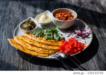 Top view of a plate of fajitas. Top view of a plate of fajitas. 130135750