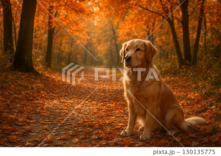 秋の森で佇む犬 130135775