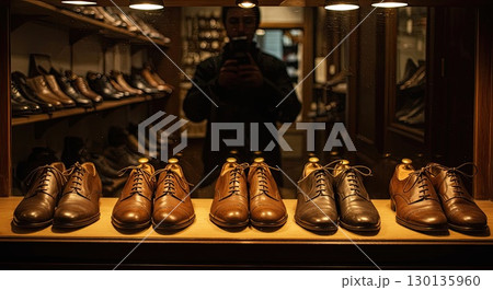 Rows of new shoes in dark shop create sharp contrast to tragic history 130135960