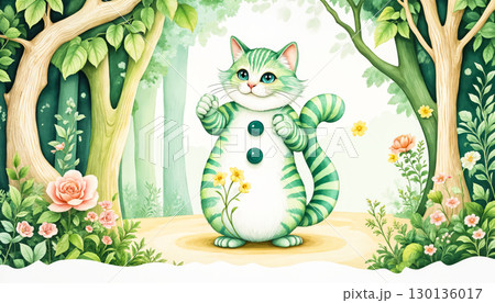 Cheshire Mysterious cat in the forest. Fantasy illustration Cheshire Mysterious cat in the forest. Fantasy illustration 130136017