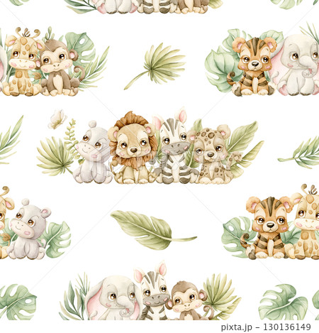 Cute Tropical Animals and Exotic Leaves Watercolor hand painted summer pastel neutral seamless pattern on white background for nursery safari design kids baby cloth textile fabric wrapping paper 130136149