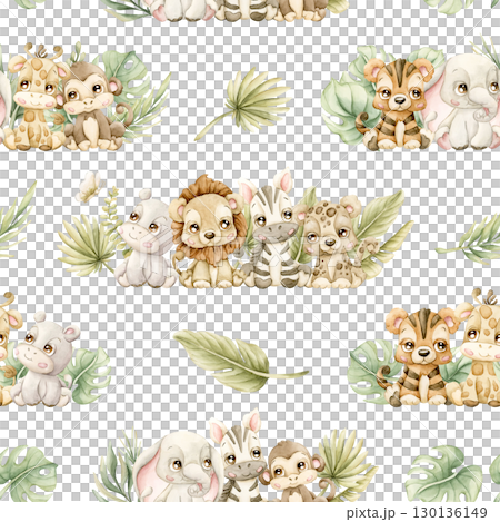 Cute Tropical Animals and Exotic Leaves Watercolor hand painted summer pastel neutral seamless pattern on white background for nursery safari design kids baby cloth textile fabric wrapping paper 130136149