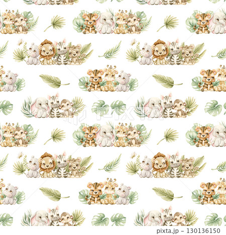 Cute Tropical Animals and Exotic Leaves Watercolor hand painted summer pastel neutral seamless pattern on white background for nursery safari design kids baby cloth textile fabric wrapping paper 130136150