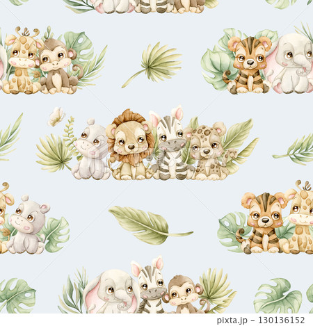Cute Tropical Animals and Exotic Leaves Watercolor hand painted summer pastel neutral seamless pattern on light blue background for nursery safari design kids baby cloth textile fabric wrapping paper Cute Tropical Animals and Exotic Leaves Watercolor hand painted summer pastel neutral seamless pattern on light blue background for nursery safari design kids baby cloth textile fabric wrapping paper 130136152