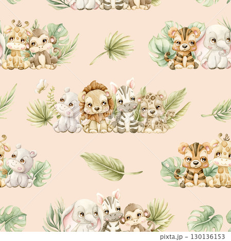 Cute Tropical Animals and Exotic Leaves Watercolor hand painted summer pastel neutral seamless pattern on light pink background for nursery safari design kids baby cloth textile fabric wrapping paper 130136153