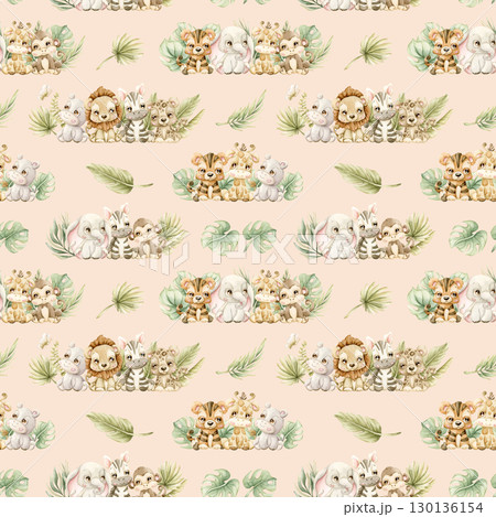 Cute Tropical Animals and Exotic Leaves Watercolor hand painted summer pastel neutral seamless pattern on light pink background for nursery safari design kids baby cloth textile fabric wrapping paper 130136154