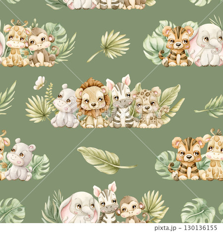 Cute Tropical Animals and Exotic Leaves Watercolor hand painted summer pastel neutral seamless pattern on green background for nursery safari design kids baby cloth textile fabric wrapping paper 130136155