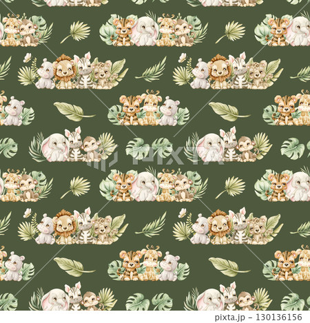 Cute Tropical Animals and Exotic Leaves Watercolor hand painted summer pastel neutral seamless pattern on dark green background for nursery safari design kids baby cloth textile fabric wrapping paper 130136156
