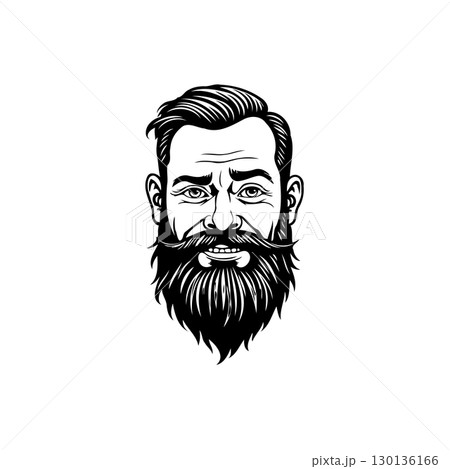 Detailed black and white vector illustration of a man with a beard and mustache Detailed black and white vector illustration of a man with a beard and mustache 130136166