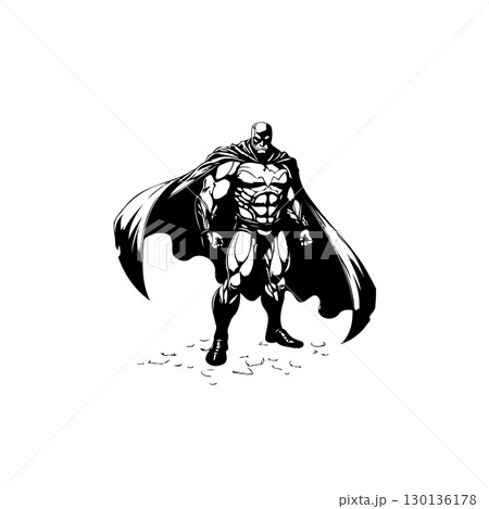 Powerful superhero silhouette standing strong with a cape in black and white illustration 130136178