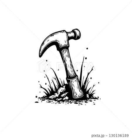 Artistic Black and White Hammer Illustration stuck in the Ground Depiction 130136189