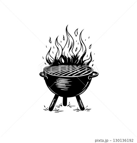 Monochrome illustration of a barbecue grill with flames, evoking summer cooking 130136192
