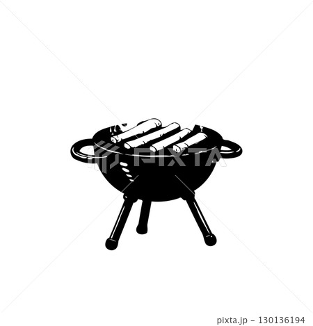 Minimalist grill illustration with hot dogs, isolated on white background, showcasing summertime cooking Minimalist grill illustration with hot dogs, isolated on white background, showcasing summertime cooking 130136194