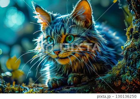 Cheshire Mysterious cat in the forest. Fantasy illustration Cheshire Mysterious cat in the forest. Fantasy illustration 130136250
