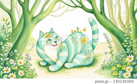 Cheshire Mysterious cat in the forest. Fantasy illustration 130136309