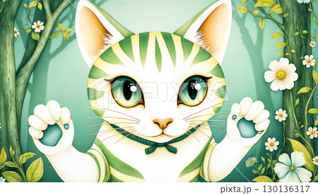 Cheshire Mysterious cat in the forest. Fantasy illustration Cheshire Mysterious cat in the forest. Fantasy illustration 130136317