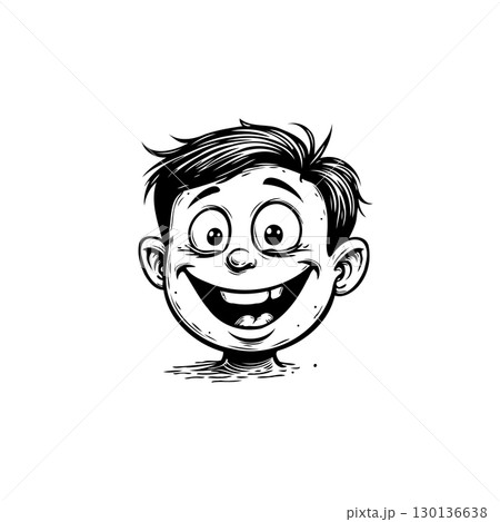 Cheerful Cartoon Boy's Face: A Black and White Illustration with Joyful Expression Cheerful Cartoon Boy's Face: A Black and White Illustration with Joyful Expression 130136638