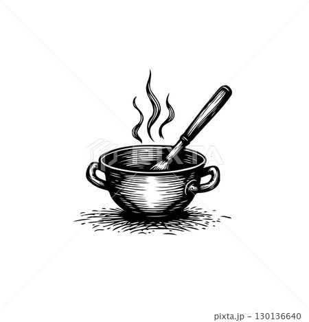 Antique Pot of Stew with Spoon: A charming vintage illustration perfect for culinary projects Antique Pot of Stew with Spoon: A charming vintage illustration perfect for culinary projects 130136640