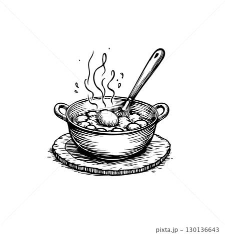 Hand-drawn illustration of a steaming pot of soup with a spoon, appetizing food Hand-drawn illustration of a steaming pot of soup with a spoon, appetizing food 130136643